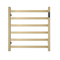 Premium Brushed Gold Heated Towel Rack with LED control- 6 Bars, Square Design, AU Standard, 650x620mm Wide