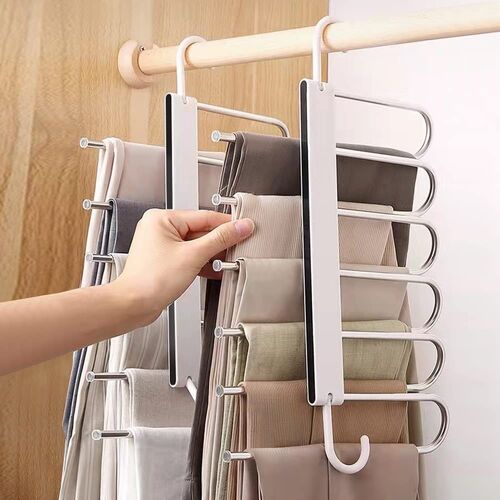 2 Pack Adjustable Multi-Layer Pants Hanger for Wardrobe and Home Storage (White)