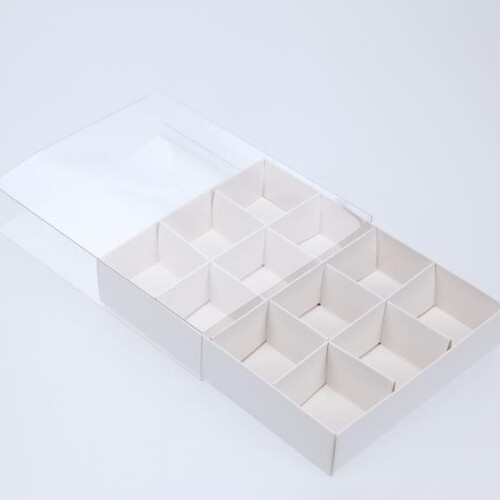 10 Pack of White Card Chocolate Sweet Soap Product Reatail Gift Box - 12 bay 4x4x3cm Compartments  - Clear Slide On Lid