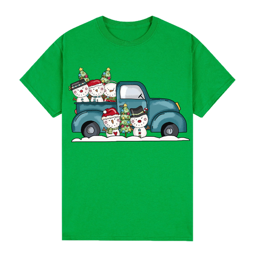 100% Cotton Christmas T-shirt Adult Unisex Tee Tops Funny Santa Party Custume, Car with Snowman (Green)