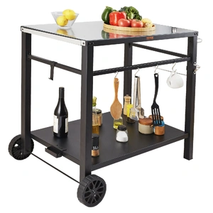 Outdoor Grill Dining Cart with Double-Shelf, 85*55cm BBQ Movable Food Prep Table, Multifunctional Iron Table Top, Portable Modular Carts for Pizza Ove