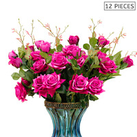 12pcs Artificial Silk Flower Fake Rose Bouquet Table Decor Dark Pink