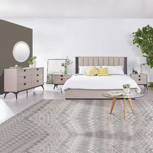 Queen 4 pcs Bedroom Suite with Dresser Fabric Upholstery MDF Combination of Champagne and Black Colour