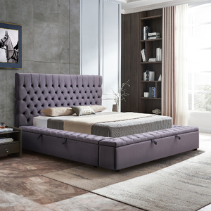 King Bed Frame Velvet Upholstery Dark Grey Tufted Headboard Deep Quilting