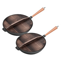 31cm Commercial Cast Iron Wok FryPan Fry Pan with Wooden Lid