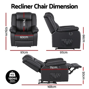 Manual Massage Recliner Chair for Living Room, Leather Sofa Lounge Reclining Chair with 2 USB Port, 160¬∞ Recline Reading Chair with 20CM Wide Armrest