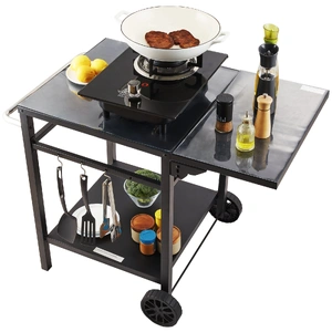 Outdoor Grill Dining Cart with Double-Shelf, 55*55cm BBQ Movable Food Prep Table, Multifunctional Foldable Iron Table Top, Portable Modular Carts for 