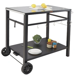 Outdoor Grill Dining Cart with Double-Shelf, 85*55cm BBQ Movable Food Prep Table, Multifunctional Iron Table Top, Portable Modular Carts for Pizza Ove