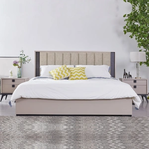 Queen 4 pcs Bedroom Suite with Dresser Fabric Upholstery MDF Combination of Champagne and Black Colour