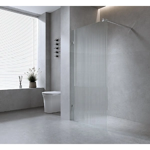 110cm Reeded Glass Shower Screen with Nickel F-Brackets and Round Pole