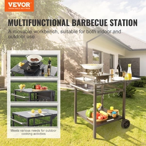 Outdoor Grill Dining Cart with Double-Shelf, 55*55cm BBQ Movable Food Prep Table, Multifunctional Foldable Iron Table Top, Portable Modular Carts for 