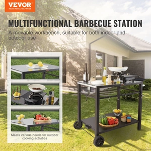 Outdoor Grill Dining Cart with Double-Shelf, 85*55cm BBQ Movable Food Prep Table, Multifunctional Iron Table Top, Portable Modular Carts for Pizza Ove