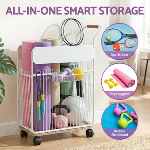 Yoga Mat Storage Rack Mobile Holder with Wheels Basket Home Gym Storage Organizer White