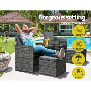 5PC Bistro Set Wicker Table and Chairs Ottoman Outdoor Furniture Grey