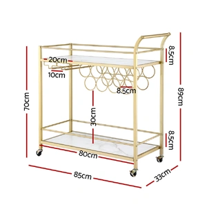 Bar Cart Drinks Trolley Serving Wine Rack Glass Holder Marble 85cm Gold