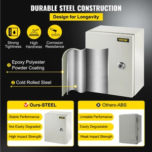 NEMA Steel Enclosure, 25 x 20 x 15 cm NEMA 4X Steel Electrical Box, IP66 Waterproof & Dustproof, Outdoor/Indoor Electrical Junction Box, with Mounting