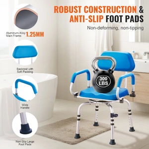 Swivel Shower Chair 360 Degree, Adjustable Shower Seat with Pivoting Arms & Padded Bath Seat for Inside Shower or Tub, Non-Slip Rotating Bathtub Chair