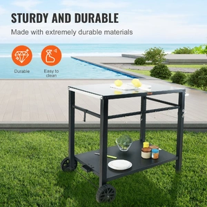 Outdoor Grill Dining Cart with Double-Shelf, 85*55cm BBQ Movable Food Prep Table, Multifunctional Iron Table Top, Portable Modular Carts for Pizza Ove
