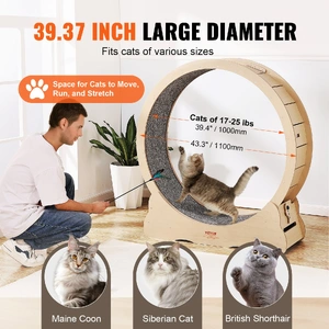 Wooden Cat Exercise Wheel, 43.3" Large Cat Treadmill Wheel for Indoor Cats, Cat Running Wheel with Detachable Carpet & Cat Teaser for Running/Walking/