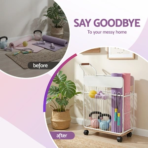 Yoga Mat Storage Rack Mobile Holder with Wheels Basket Home Gym Storage Organizer White