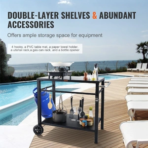 Outdoor Grill Dining Cart with Double-Shelf, 85*55cm BBQ Movable Food Prep Table, Multifunctional Iron Table Top, Portable Modular Carts for Pizza Ove