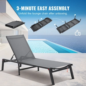Chaise Lounge Chair Outdoor, Aluminum Patio Lounge Chair with Adjustable 5-Position, Folding Pool Lounge Chair Recliner and Full Flat Tanning Chair fo