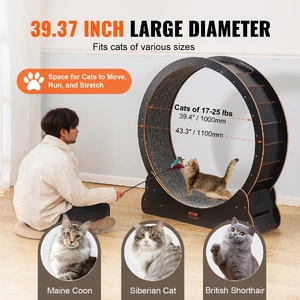 Wooden Cat Exercise Wheel, 43.3" Large Cat Treadmill Wheel for Indoor Cats, Cat Running Wheel with Detachable Carpet & Cat Teaser for Running/Walking/