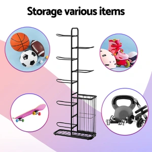 Ball Storage Rack Sports Equipment Organizer 7-Tier with Basket for Garage Gym Black