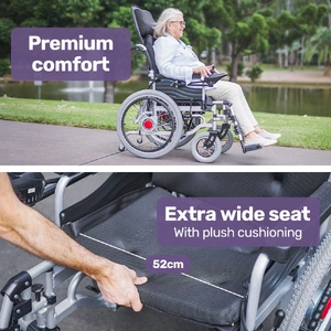 Power Electric Wheelchair, XL Wide Bariatric Chair Seat, Long Range, Airline Approved, Recline Adjustment, Lithium Battery, 22" Wheels, Headrest, Blac