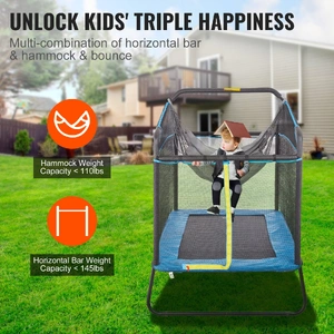 6FT Trampoline for Kids, 72" Indoor/Outdoor Toddlers Trampoline, Mini Baby Trampoline with Safety Enclosure Net, Gymnastics Bar, Hammock, Recreational