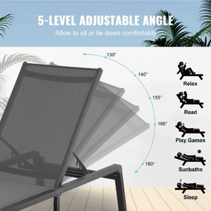 Chaise Lounge Chair Outdoor, Aluminum Patio Lounge Chair with Adjustable 5-Position, Folding Pool Lounge Chair Recliner and Full Flat Tanning Chair fo