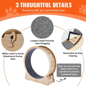 Wooden Cat Exercise Wheel, 43.3" Large Cat Treadmill Wheel for Indoor Cats, Cat Running Wheel with Detachable Carpet & Cat Teaser for Running/Walking/