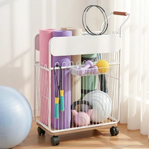 Yoga Mat Storage Rack Mobile Holder with Wheels Basket Home Gym Storage Organizer White