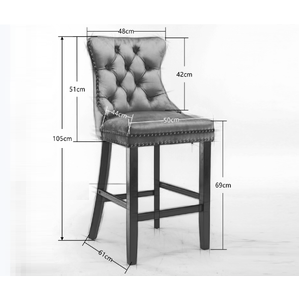 2X Velvet Bar Stools with Studs Trim Wooden Legs Tufted Dining Chairs Kitchen
