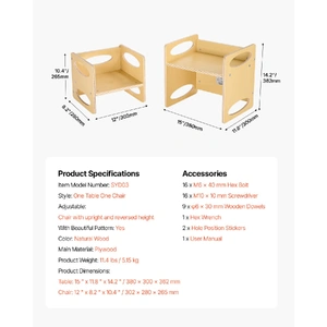 Montessori Weaning Table and Chair Set, Wooden Toddler Table and Chair Set for Aged 1-5, Adjustable Height Kids Montessori Chair and Activity Table, I