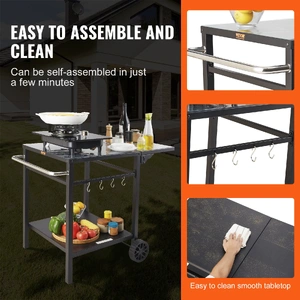Outdoor Grill Dining Cart with Double-Shelf, 55*55cm BBQ Movable Food Prep Table, Multifunctional Foldable Iron Table Top, Portable Modular Carts for 