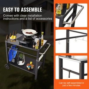 Outdoor Grill Dining Cart with Double-Shelf, 85*55cm BBQ Movable Food Prep Table, Multifunctional Iron Table Top, Portable Modular Carts for Pizza Ove