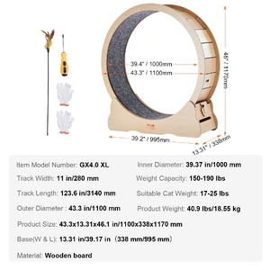 Wooden Cat Exercise Wheel, 43.3" Large Cat Treadmill Wheel for Indoor Cats, Cat Running Wheel with Detachable Carpet & Cat Teaser for Running/Walking/