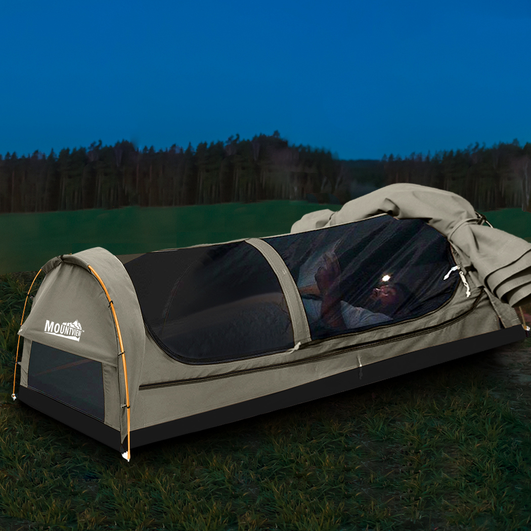 King Single Swag Camping Swags Canvas Dome Tent Hiking Mattress Grey