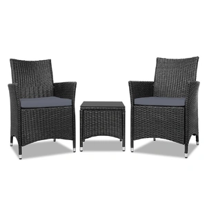 3PC Outdoor Bistro Set Patio Furniture Wicker Chairs Table Cushion All Black