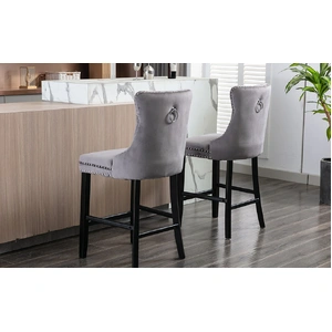2X Velvet Bar Stools with Studs Trim Wooden Legs Tufted Dining Chairs Kitchen
