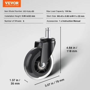 Office Chair Wheels, Set of 5, 76.2 mm Caster Wheels Replacement for Hardwood Floors and Carpet, Heavy Duty Computer Gaming Desk Casters with 59 kg Lo