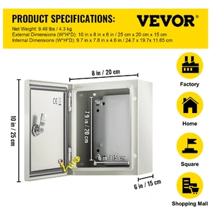 NEMA Steel Enclosure, 25 x 20 x 15 cm NEMA 4X Steel Electrical Box, IP66 Waterproof & Dustproof, Outdoor/Indoor Electrical Junction Box, with Mounting