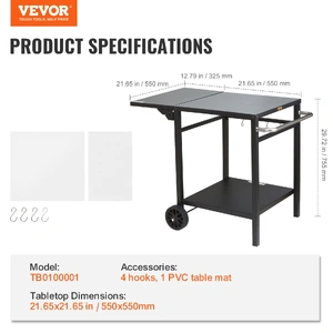 Outdoor Grill Dining Cart with Double-Shelf, 55*55cm BBQ Movable Food Prep Table, Multifunctional Foldable Iron Table Top, Portable Modular Carts for 