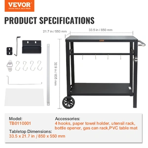Outdoor Grill Dining Cart with Double-Shelf, 85*55cm BBQ Movable Food Prep Table, Multifunctional Iron Table Top, Portable Modular Carts for Pizza Ove