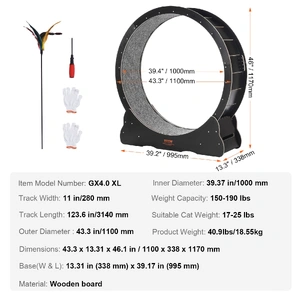 Wooden Cat Exercise Wheel, 43.3" Large Cat Treadmill Wheel for Indoor Cats, Cat Running Wheel with Detachable Carpet & Cat Teaser for Running/Walking/