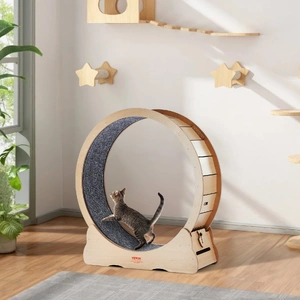 Wooden Cat Exercise Wheel, 43.3" Large Cat Treadmill Wheel for Indoor Cats, Cat Running Wheel with Detachable Carpet & Cat Teaser for Running/Walking/