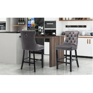 2X Velvet Bar Stools with Studs Trim Wooden Legs Tufted Dining Chairs Kitchen