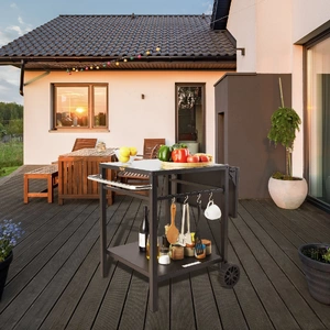 Outdoor Grill Dining Cart with Double-Shelf, 55*55cm BBQ Movable Food Prep Table, Multifunctional Foldable Iron Table Top, Portable Modular Carts for 