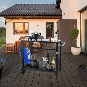 Outdoor Grill Dining Cart with Double-Shelf, 85*55cm BBQ Movable Food Prep Table, Multifunctional Iron Table Top, Portable Modular Carts for Pizza Ove